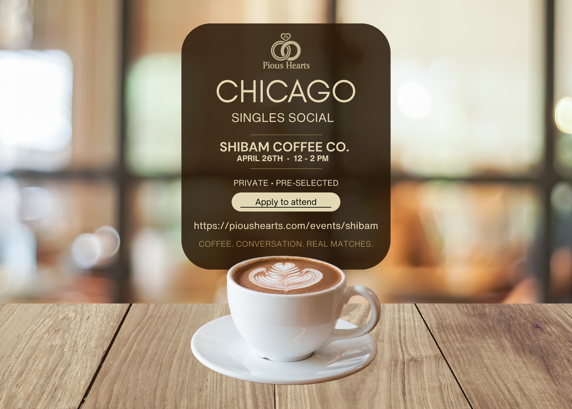 Original Pious Hearts Chicago Singles Social flyer for Shibam Coffee Co., April 26, 2026